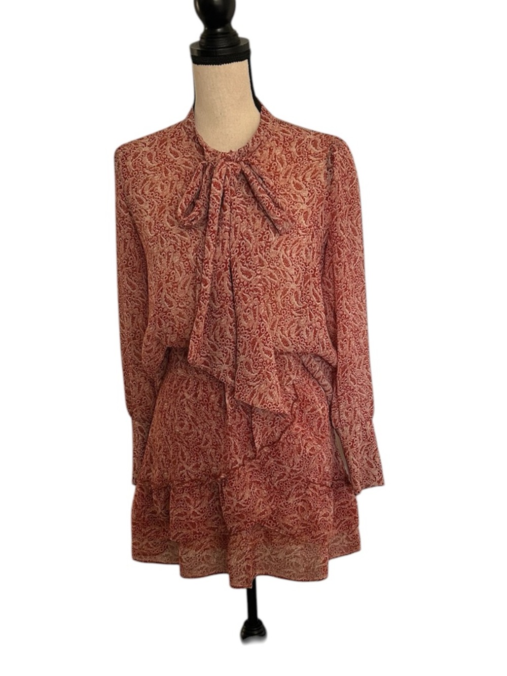 Sezane Paisley Long Sleeve Blouse & Tiered Mini Skirt Set